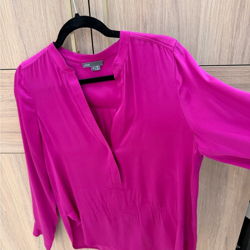 Vince Fuchsia Split-Neck Long-Sleeve Blouse
